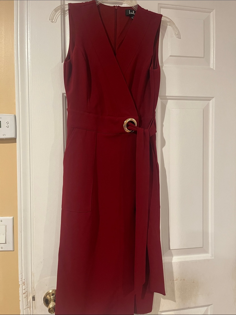 lulus Sleeveless Wrap Midi Dress in Burgundy with Gold Ring